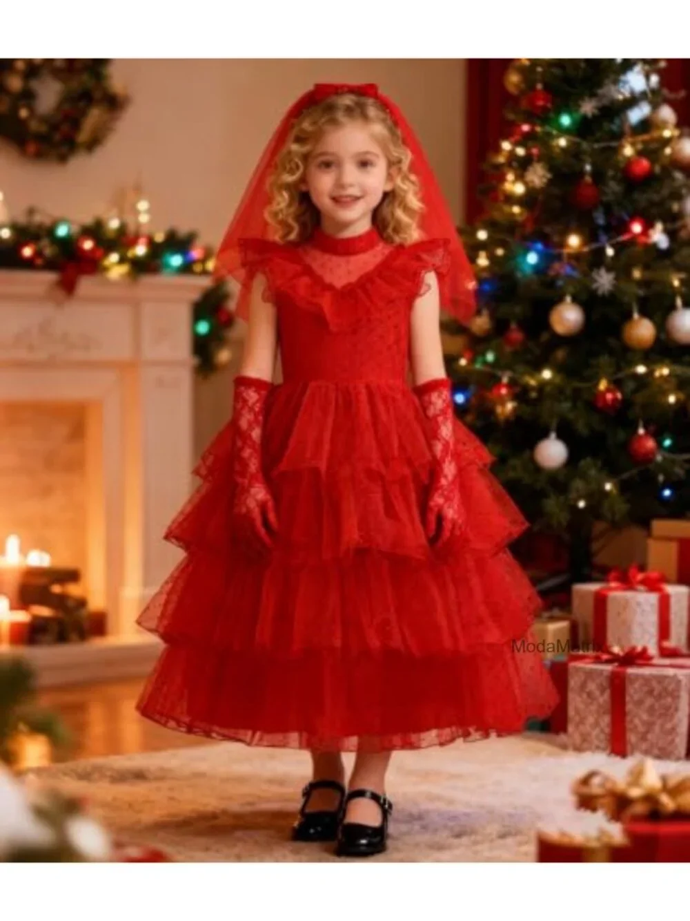 Red Tulle Princess Dress with Veil and Gloves, Stand Collar Maxi Halloween